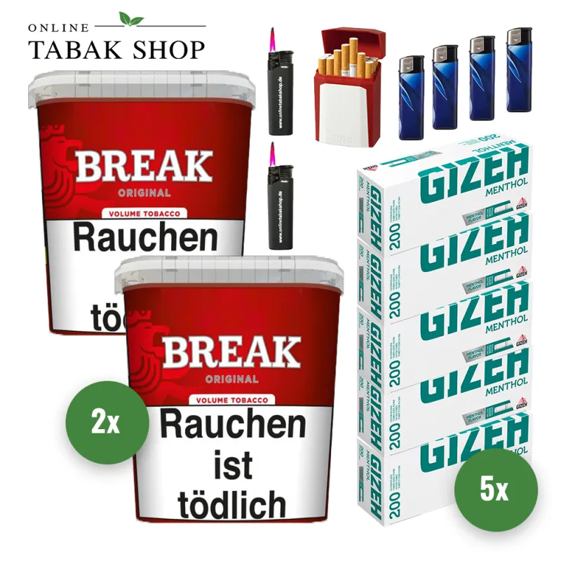 Break Original Volumentabak (2 x 195g) + 1.000 Gizeh Menthol Hülsen + 4 Feuerzeuge + 2 Sturmfeuerzeuge + Gizeh Etui – Bild 2