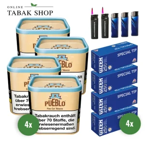 Pueblo Classic Fine Cut Tabak (4x 100g), 1000 Gizeh Special Hülsen, 2x Sturmfeuerzeuge, 3x Feuerzeuge